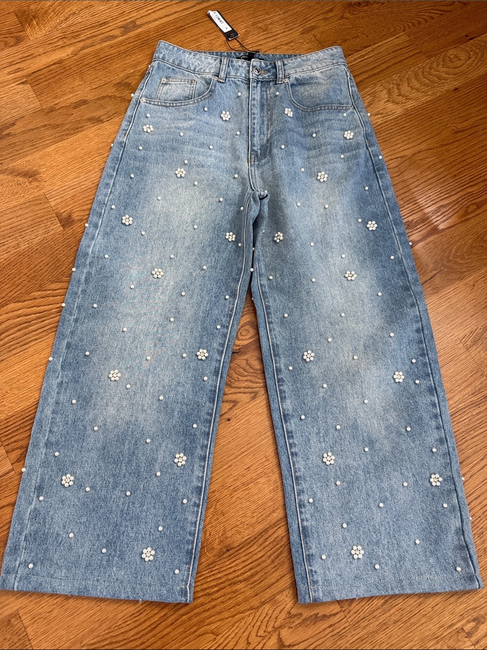 Steve Madden Fianna Jeans 27 Pearl Embellished High Rise Wide Leg Crop NWT
